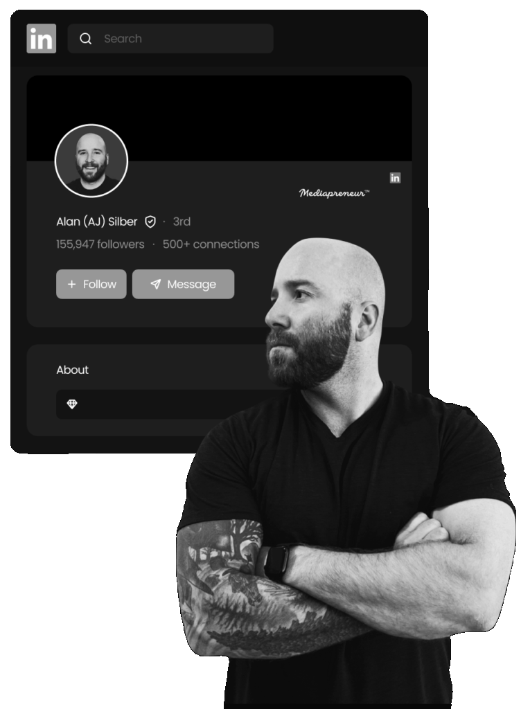 AJ Silber linked in profile information showing 155,947 followers.